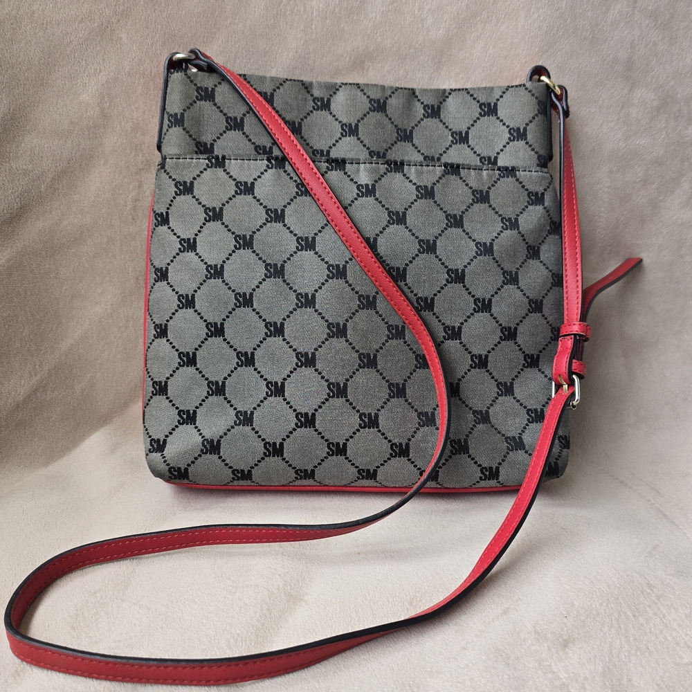 Steve Madden Crossbody Bag – SM Monogram – Red Trim – Great Condition